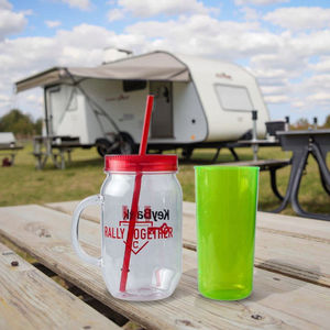 Gobelet en plastique PS à double paroi transparent avec logo personnalisé, avec poignée de tasse Mason pré-percée, nouveauté, vaisselle fabriquée au Vietnam - Product Image 3