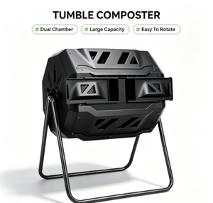 Compostador giratorio de doble cámara de plástico con soporte metálico para la elaboración de fertilizante a partir de residuos de jardín. - Product Image 1