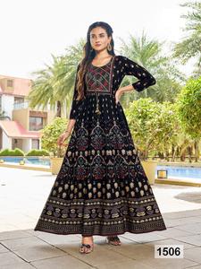 Traje Anarkali largo con estampado de rayón de 14Kg de buena calidad con bordado, vestido de mujer de moda disponible a granel - Product Image 5