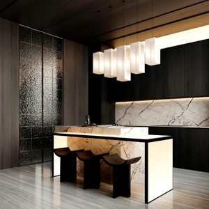 Modern Marble MDF Modular Kitchen Island Cabinet Set Glass Doors Black Wood Grain Rectangular Contemporary Minimalist Design - Product Image 1
