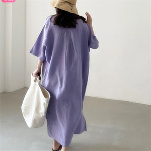 Spot coréen simple coton et lin robe 2025 été nouvelle ample à manches courtes longue coton et lin chemise jupe - Product Image 4
