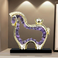 Sculpture de cheval en cristal d'améthyste naturelle, décoration moderne de luxe plaquée or pour la maison et le bureau, ornement fait main, cadeau de pendaison de crémaillère