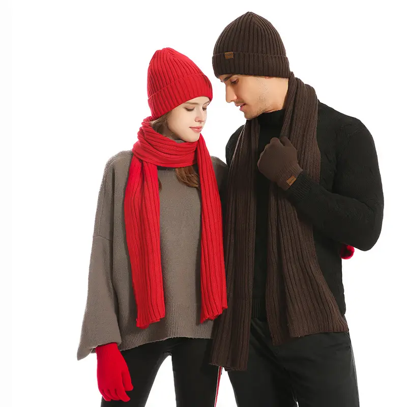 Men's Autumn Winter Keep Warm Set Beanie Gloves Scarf Male Woolen Yarn Knitted Muffler Spring Fall Hat Solid Color Neckerchief