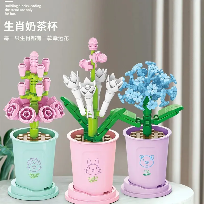 Factory Price Rose Succulents Hydrangea Penglai Pine Potted Plants Vase Cup Decorate Building Blocks Model Bricks Sets Kits Toy