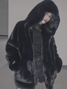 Manteau gris populaire INS 2020 pour femmes, nouveau sweat à capuche épais style bonhomme de neige, <span class=keywords><strong>imitation</strong></span> <span class=keywords><strong>fourrure</strong></span> de lapin Rex, ample, tissé à carreaux, court pour l'hiver - Product Image 5