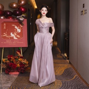 Korean Style Purple Satin Bridesmaid Dress One-Shoulder A-Line Natural Waist Long Elegant Formal Wedding Party Gown - Product Image 3