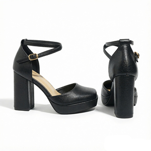 Scarpe con <span class=keywords><strong>Tacco</strong></span> Grosso Vintage in PU <span class=keywords><strong>Nero</strong></span> Effetto Grana, Plateau, Punta Chiusa, Doppio Cinturino alla Caviglia, Invernali, Sexy, Stile Street Club, Moda Retrò - Product Image 2