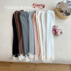 Tongxingyuan Girls <b>Leggings</b> Solid Color Knitted Cotton Long Pants <b>With</b> <b>Lace</b> <b>Trim</b> For Autumn Wear - Product Image 1