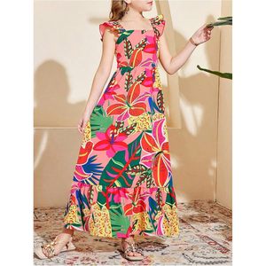 Girl's Summer Maxi <b>Dress</b> Tropical Floral Print <b>Elastic</b> Waist A-Line Vacation Beach Outfit Breathable Woven Fabric - Product Image 3