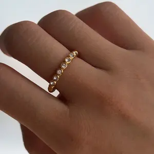 2024 Dazan New Ins 18k Gold Plated Tarnish Free Stainless Steel Round Zircon Open Bead Ring Engagement Ring For Women Party