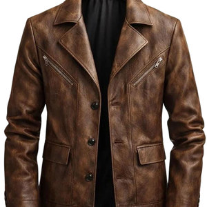 New Stylish <b>Men's</b> Genuine Leather Blazer Notched Lapel Single Breasted <b>Trench</b> <b>Coat</b> With Single Button Regular Sleeve - Product Image 5