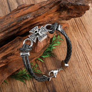 Cross <b>Leather</b> <b>Bracelet</b> For Men Skull Pendant Black Braided Woven Jewelry Everyday Wear - Product Image 4