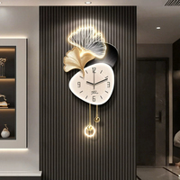 Reloj de Pared Analógico de Cuarzo con Hoja de Ginkgo Retroiluminada por LED, Péndulo de Metal, Doble Placa Irregular, Silencioso, sin Tictac, Decorativo