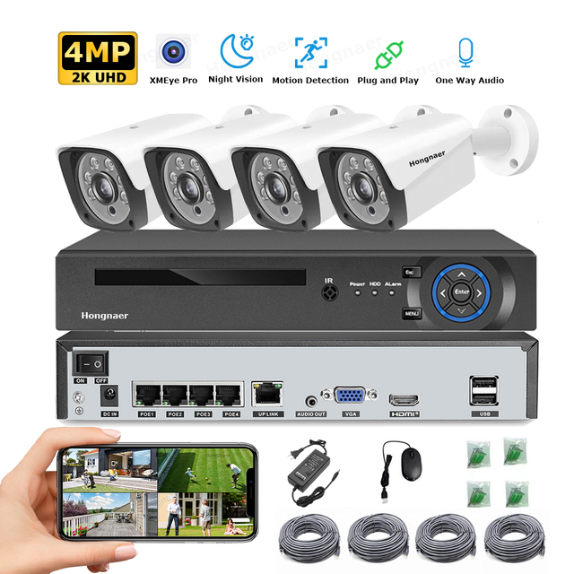 Hongnaer 4MP 4CH Waterproof Outdoor Bullet IP Home Surveillance CCTV Camera System Kit Wireless POE NVR Security Camera System