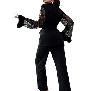 Ensemble élégant pour femme en mousseline de soie, rouge bordeaux, noir, <span class=keywords><strong>blanc</strong></span>, taille S à XXL, col en V, manches en dentelle et fourrure, robe douce et pantalon - Product Image 5