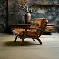 Fauteuil individuel en cuir véritable, style mi-siècle, design vintage, avec pieds en bois de hêtre, pour salons et maisons