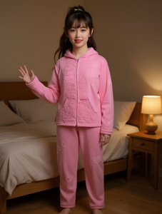 Te221r 2 Pigiama in pile da donna con cappuccio e cerniera, lunghezza intera, tinta unita, set casual per dormire, manica lunga, abbigliamento invernale - Product Image 2