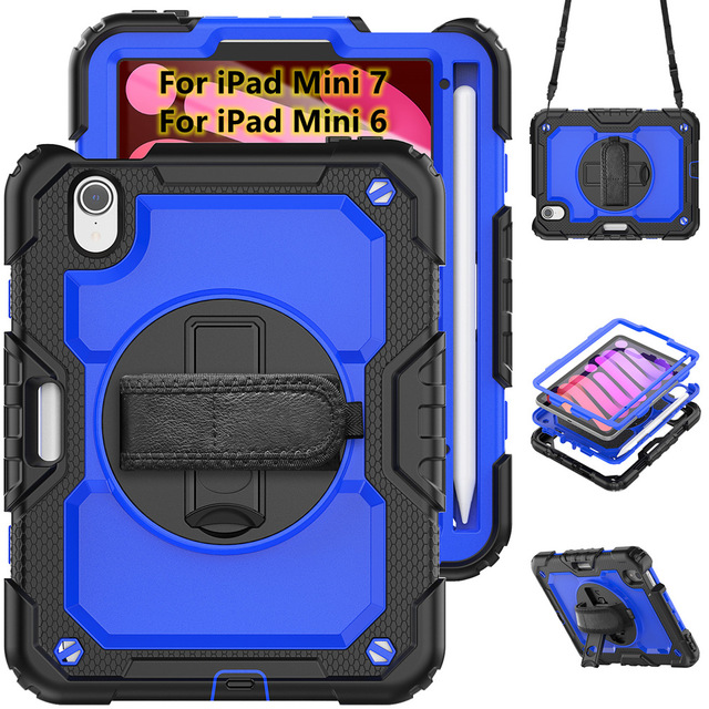 Tablet Cases for iPad Mini A17 Pro 2024 8.3" Mini 7 Mini 6 Built in Screen Protector Shockproof Rugged Cover with Stand & Strap