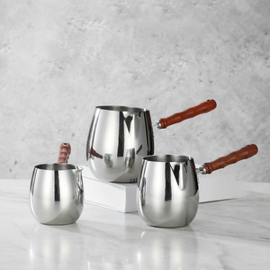 Stainless Steel Milk Pitcher Set 3 Piece With Wooden Handle <b>For</b> Pouring Coffee Tea Oil Household Use - Product Image 2