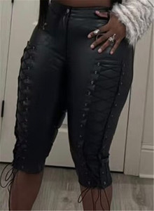 Nouveau pantalon moulant sexy en similicuir patchwork pour femme, couleur unie avec fermeture éclair et bandage - Product Image 3