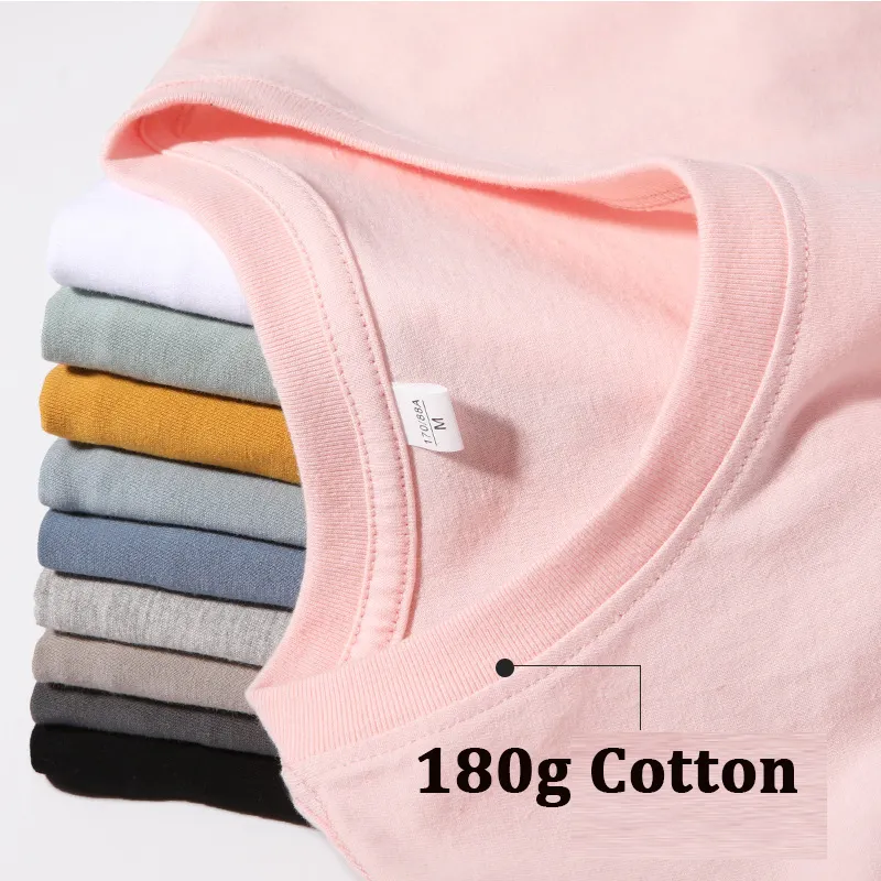 Quần Áo Nam Áo Thun Ngắn Tay 180G Áo Thun Cotton Màu Trơn Ấm Áp Áo Thun Cổ Tròn Tay Lửng Dáng Rộng