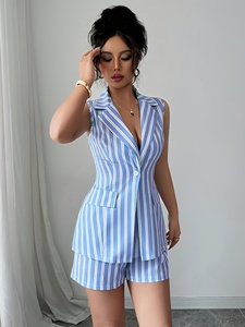 <span class=keywords><strong>Ensemble</strong></span> 2 pièces décontracté rayé en mélange de coton pour femme : <span class=keywords><strong>blazer</strong></span> sans manches <span class=keywords><strong>et</strong></span> <span class=keywords><strong>short</strong></span> respirant au-dessus du genou, style streetwear automne - Product Image 4