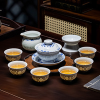 Service à thé Kung Fu bleu et blanc en céramique pure, avec bol à couvercle délicat et tasse à thé, style ethnique, pour usage domestique