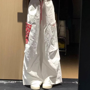 <b>White</b> <b>Cargo</b> Pants With Red Plaid Pocket High Waist Loose Wide Leg Breathable Women's Pants - Product Image 4