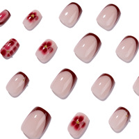 Faux ongles carrés courts à presser, motif floral rouge French Manucure, réutilisables pour femmes