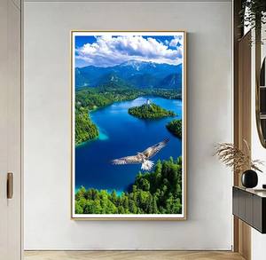 Peinture à l'huile de paysage de lac alpin avec un aigle en vol, art mural, impression numérique sur toile, design personnalisé pour la décoration moderne de la maison - Product Image 1