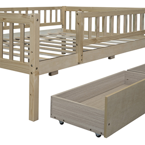 Lit de jour pleine grandeur en bois avec deux tiroirs, rangement naturel pour enfants - Product Image 6