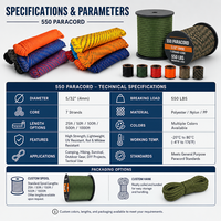 Paracord 550 Type III 4mm 10-1000ft 550 Lbs 7 brins en nylon, 300 couleurs, portable, en vrac, pour la fabrication de bracelets de survie et de cordons DIY