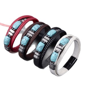 Turquoise <b>Leather</b> <b>Bracelet</b> Multi Layer Stainless Steel Unisex Jewelry Gift 7.5in 8.5in 9in - Product Image 4