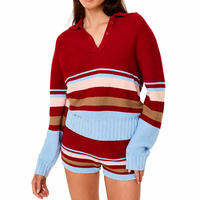 Pull en tricot côtelé 100 % coton personnalisé, style preppy décontracté, à manches longues, avec bordure rayée, vente en gros