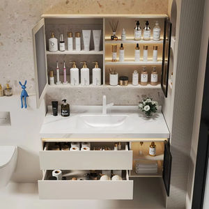 Meuble-lavabo de salle de bain moderne et intelligent, miroir en nid d'abeille, lavabo en céramique, armoire de présentation transparente, panneau en mélamine, finition laquée - Product Image 2