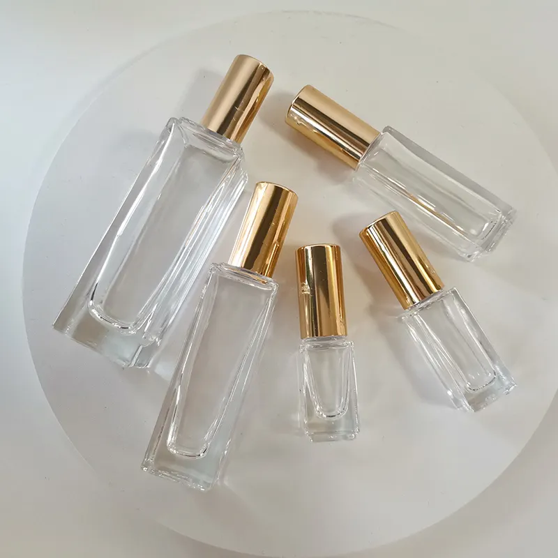 Empty essential oil glass roller bottle square 10 ml clear rectangular glass bottle with stainless steel roller for perfume oil