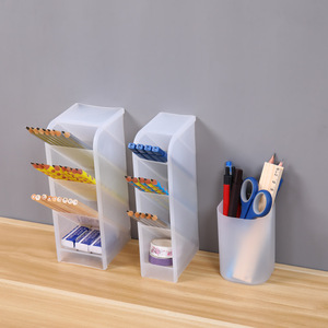 Slanted Multi Compartment Plastic Pen Holder Desktop <b>Storage</b> <b>Box</b> For Stationery Organizing - Product Image 1