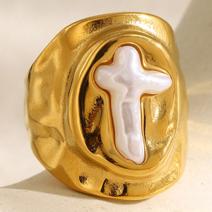 2026 Viral Hammered Irregular Frame Pearl Embedded Cross Stainless Steel Two Tone Unisex <b>Thick</b> Band Signet Finger <b>Ring</b> - Product Image 6