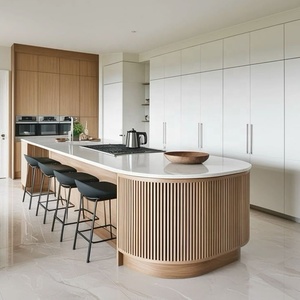 Australian Standard Vivid White <strong>Kitchen</strong> Cabinet Island Dinning Bar with Battened Claddings - Product Image 3