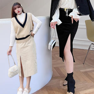 Jupe midi en velours côtelé taille haute pour femmes grandes tailles, couleur noire unie avec ceinture, tissu en coton N8207 - Product Image 2