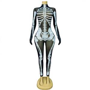 Hot Sale Cool Stylish Crystal Personalized Echo Skeleton Printed Spandex Mesh <b>Women's</b> Adult Jumpsuit Halloween Party - Product Image 1