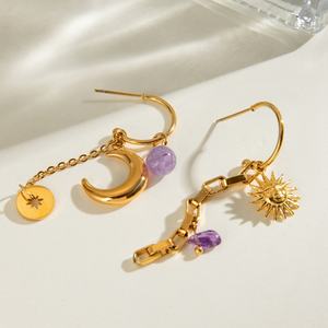 Boucles d'oreilles tendance en acier inoxydable à motif martelé soleil et lune, style rétro, accessoires pour femmes - Product Image 3