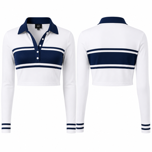Custom Breathable Moisture Wicking Quick Dry Casual Loose Fit Regular Anti-shrink <b>Crop</b> <b>Top</b> Long Sleeve <b>Polo</b> Shirt for Women - Product Image 2