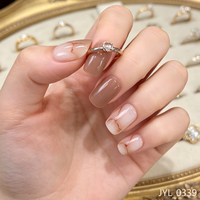 24 faux ongles à presser réutilisables, mi-doigts, motif marbré marron et blanc, brillants, avec colle, kit DIY