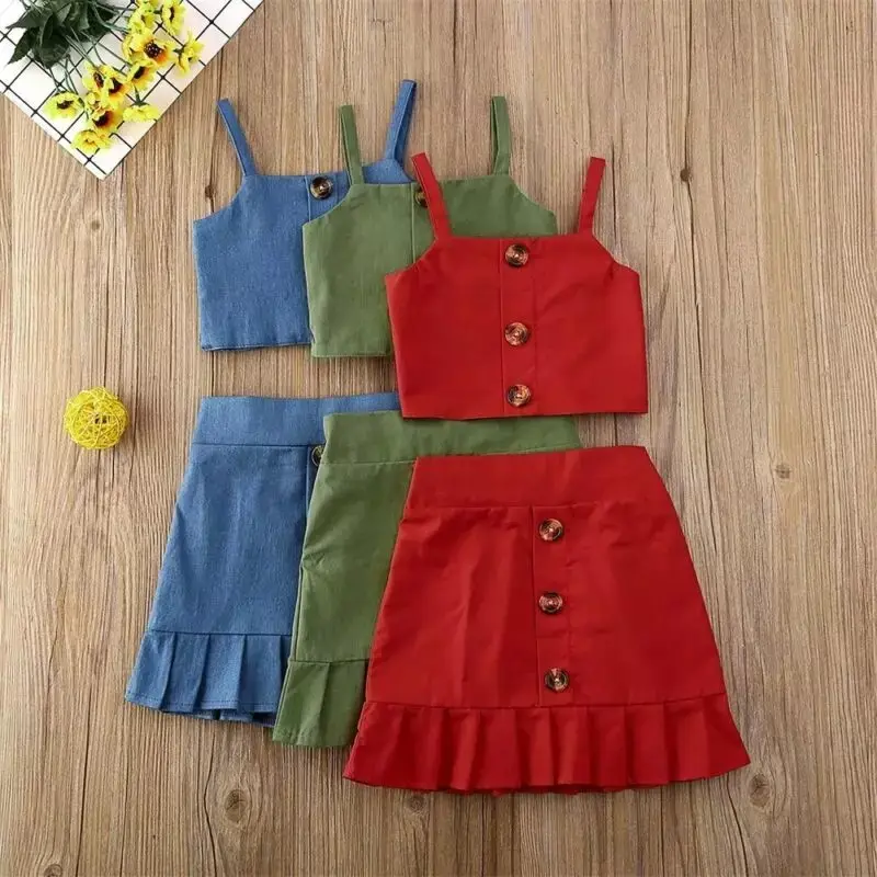 Ensemble de vêtements d'été pour bébés filles de 1 à 6 ans, débardeur sans manches avec boutons à la mode, hauts, Mini jupes, 2 pièces, vente en gros,