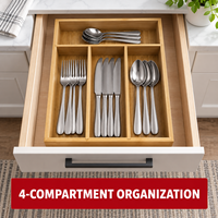 Organisateur de tiroir en bambou à 4 compartiments, plateau à couverts, porte-ustensiles de cuisine, boîte de rangement de bureau en bambou naturel, séparateur
