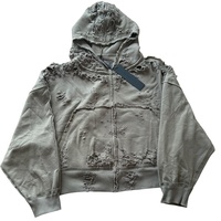 TKAN540 Sweat à capuche zippé de haute qualité en tissu éponge coupé, style boxy, délavé vintage, épaules tombantes, streetwear pour homme
