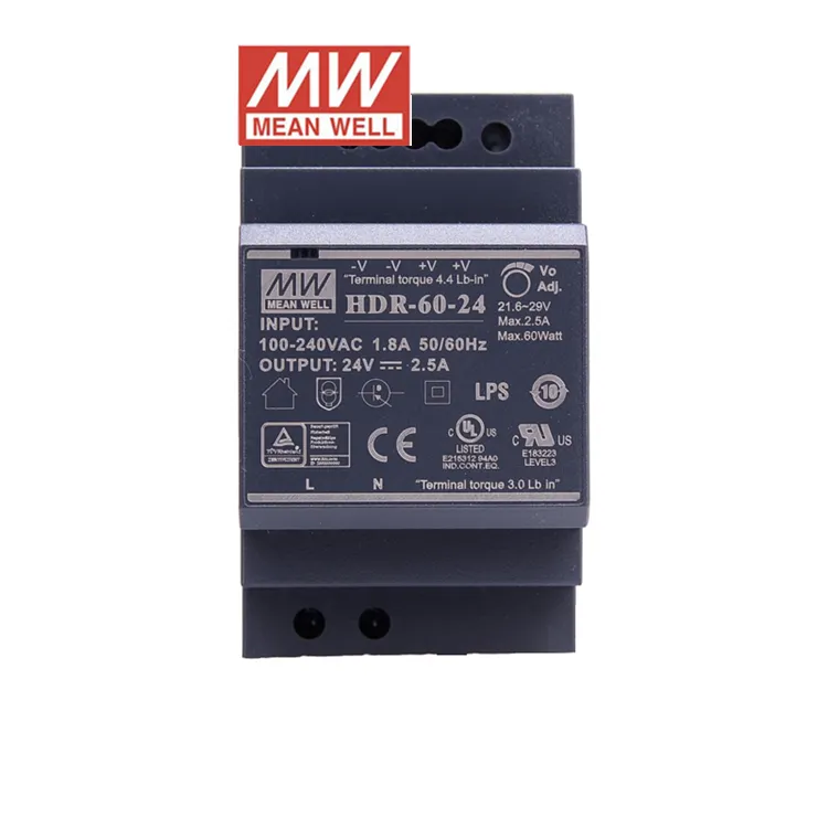 Low Price Meanwell 24v 48v dual output power supply Single Out put Industrial DIN RAIL function HDR-60-24 series