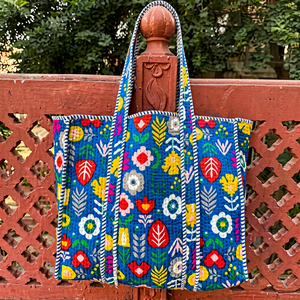 Quilted Cotton Tote Bag, Botanical Floral Print, Boho Market Shopper Shoulder Bag Open Top Shopping Bag All Seasons Style - Product Image 1