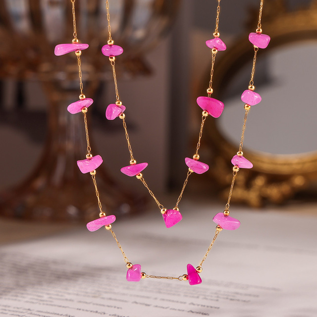 18k Gold Plated Stainless Steel Dainty Boho Jewelry Set Handmade Pink Natural Stone Beads Necklace Bracelet for Girls